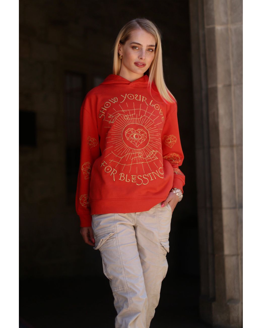 Miracles Manifester Orange Show Your Love Affirmation Embroidered Hoodie