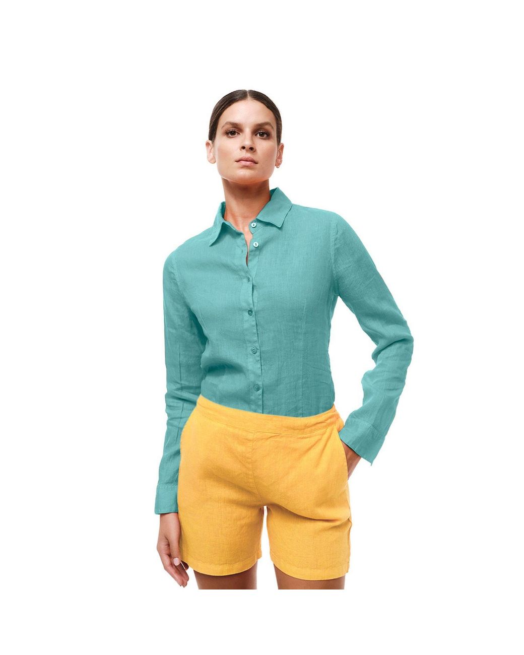 Haris Cotton Blue Linen Long Sleeved Shirt With Darts Crystal