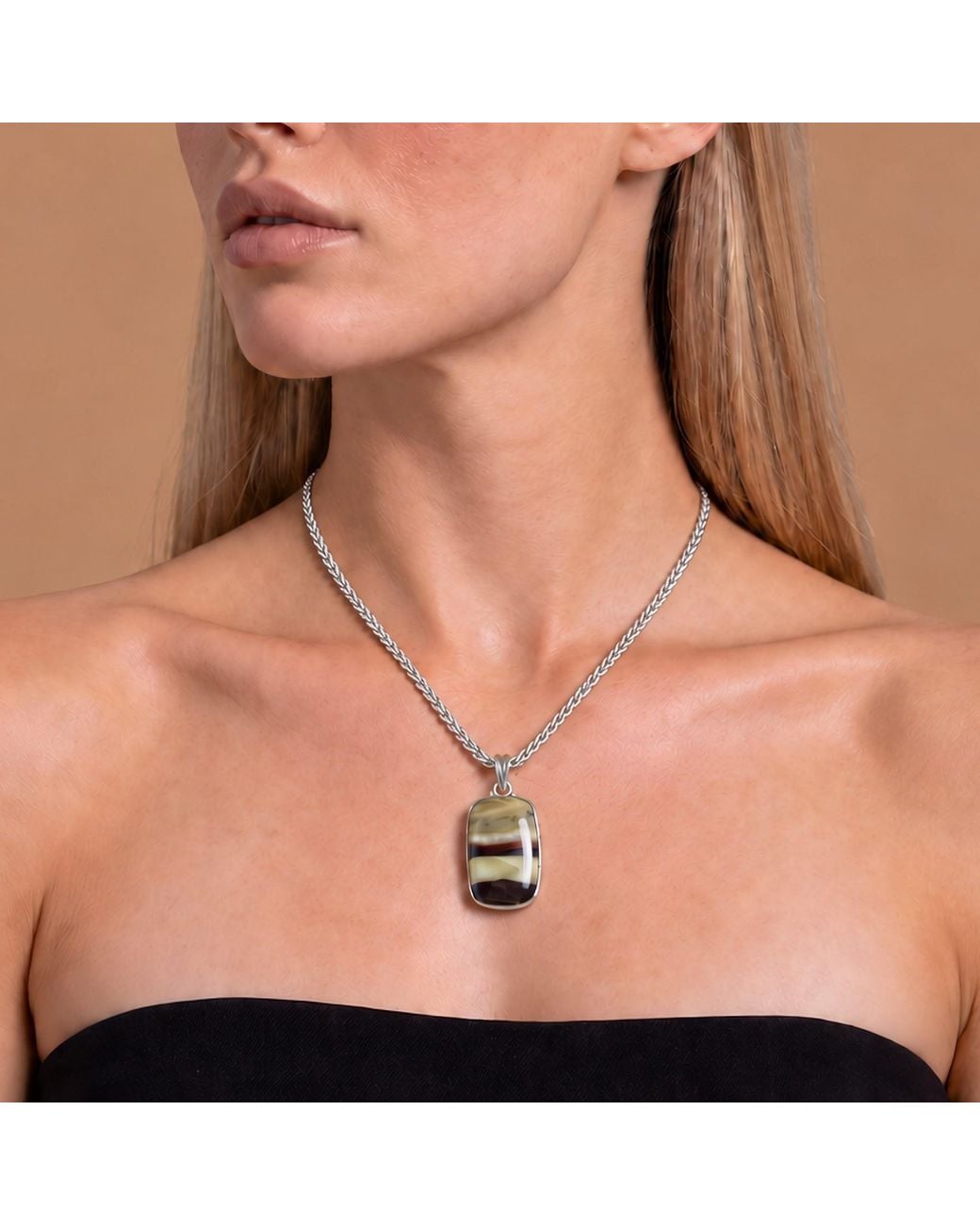 Saéa Metallic Cream And Oxblood Mookaite Rectangle Pendant Necklace On Leather Cord