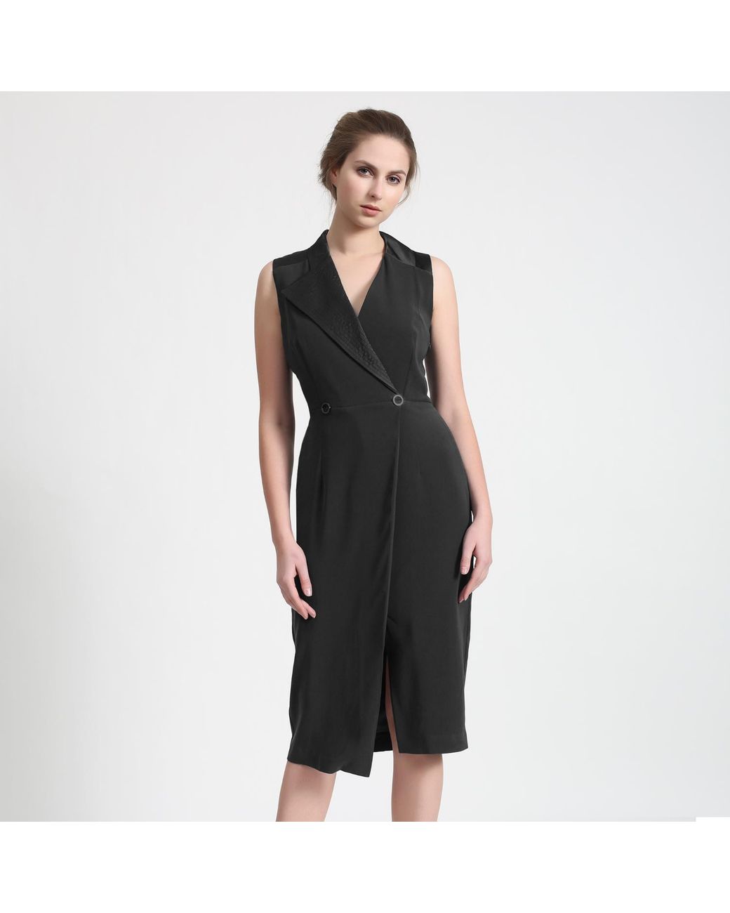 Smart and Joy Black Tailor Wrap Effect Dress With Topstitched Collar