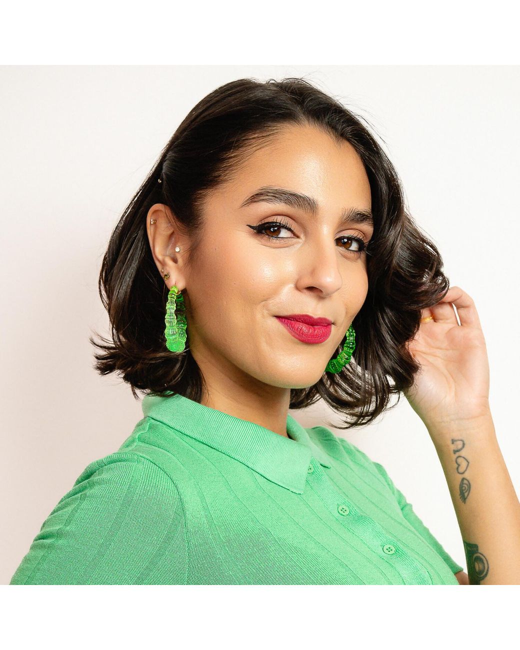 Gold & Honey Green Bamboo Hoop Earrings