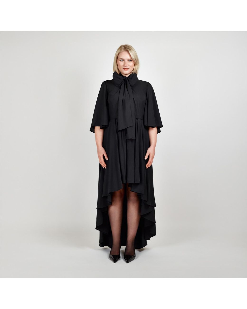 Femponiq Black Bow Tie Neck Cape Sleeve Maxi Dress