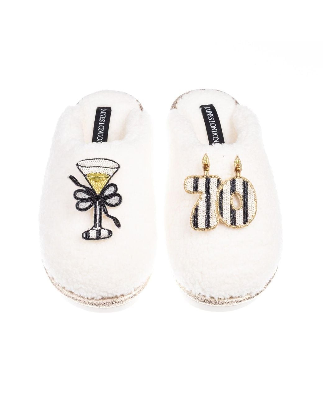 Laines London White Teddy Closed Toe Slippers With Stripe 70Th Birthday & Champagne Glass Brooches