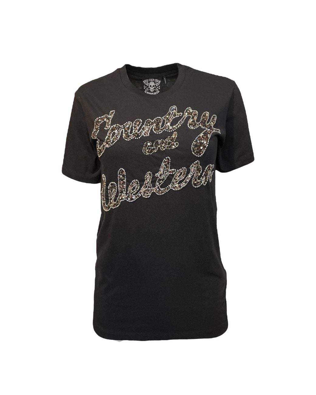 Any Old Iron Black Metallic Beaded Country & Western T-Shirt