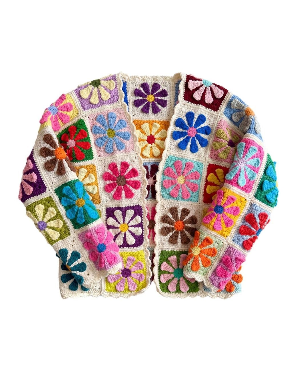 Ana Chic White Flower Square Handmade Crochet Cardigan