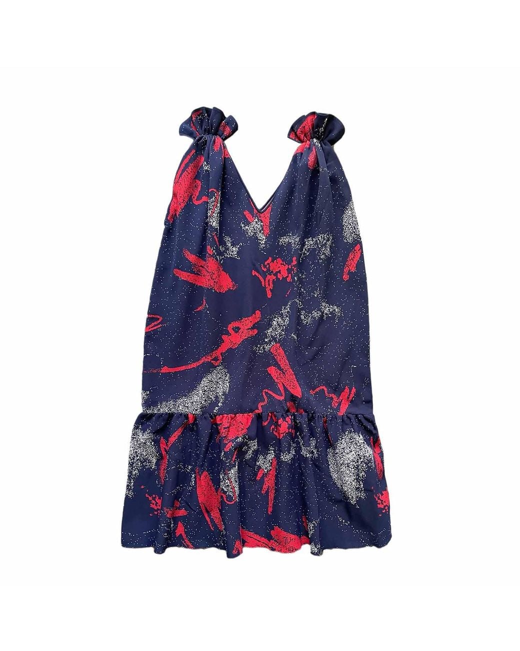 Arto. Blue Shoulder Ruffles Gathered Floral Midi Dress