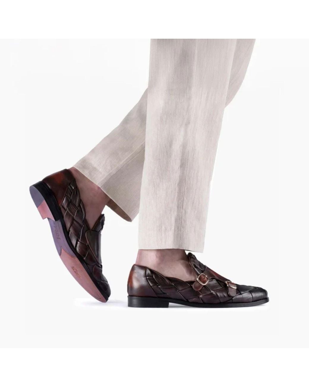 Armos Brown Woven Patina Double Monk Strap for men