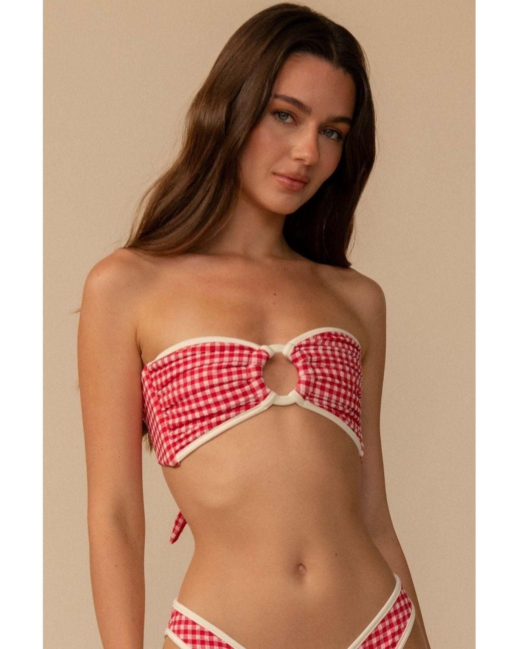 Montce Red Micro Gingham Binded Tori Ties Bandeau Bikini Top