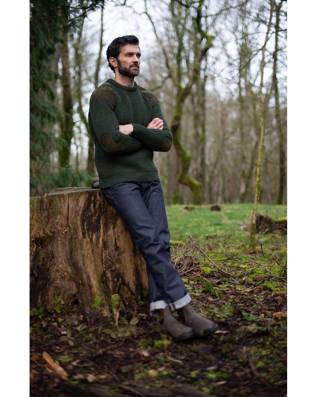 Paul James Knitwear Green Chunky British Wool Hardy Ribbed Shooting Jumper for men