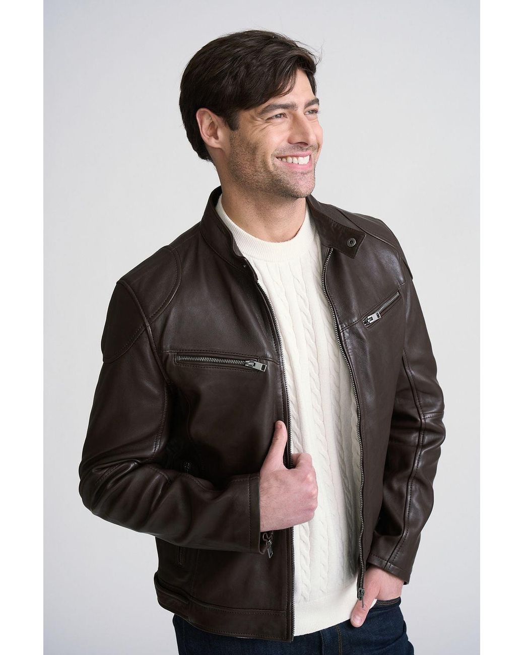 Mauritius Brown Muscle-Fit Leather Jacket With Removable Full Insert Biko for men