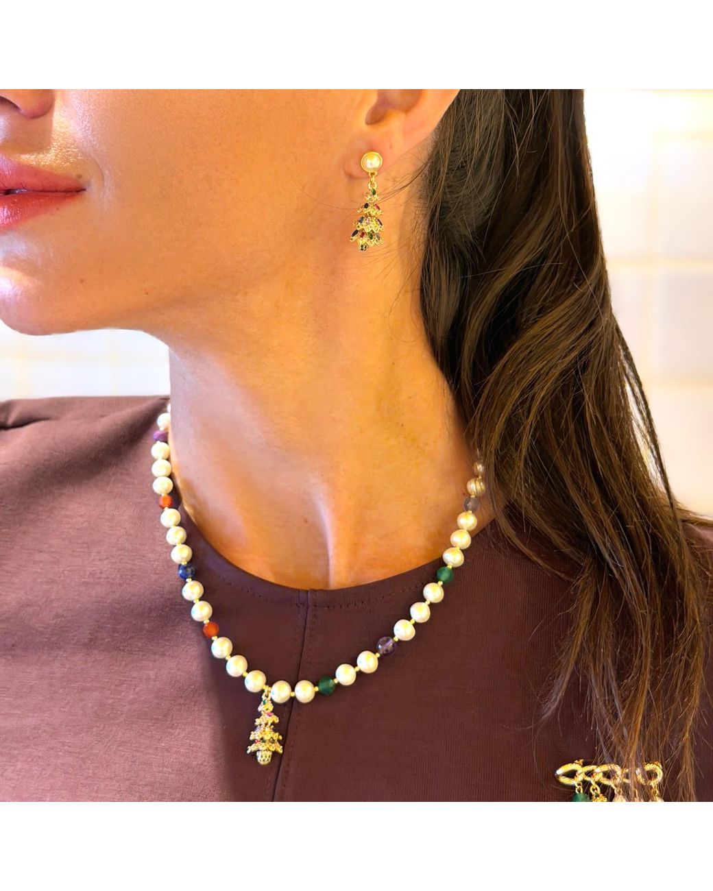 Farra Metallic Freshwater Pearl And Colorful Gemstone With Christmas Tree Pendant Necklace