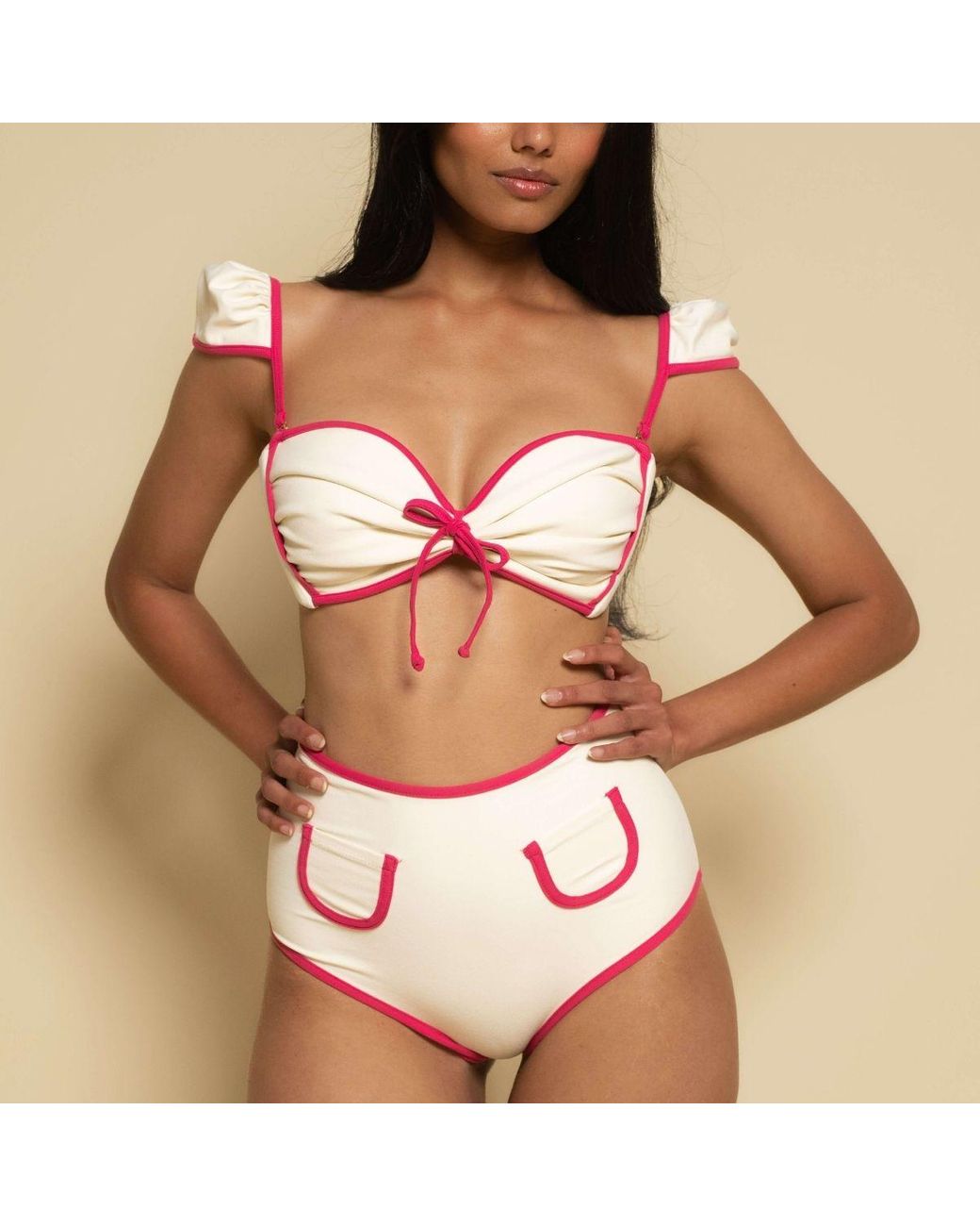 Montce Pink Neutrals Cream Raspberry Binded Cabana Bows Bikini Top