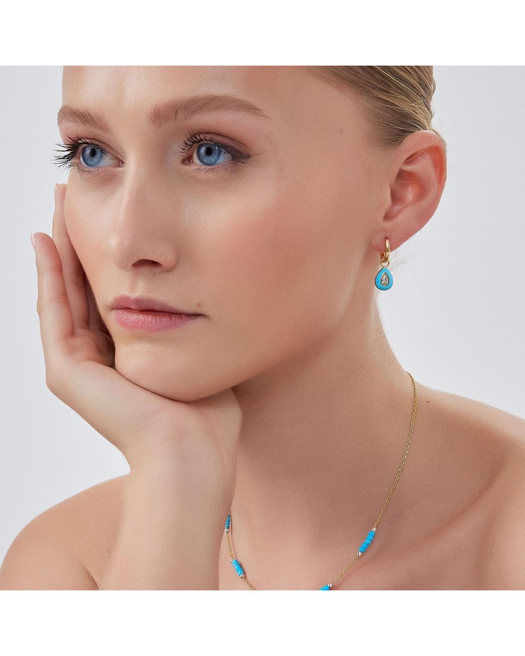 Spero London Blue Enamelled Jewelled Sterling Drop Hoop Earring