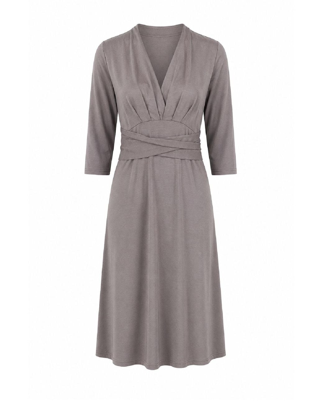 Conquista Gray Elegant Wrap-Waist Midi Jersey Dress