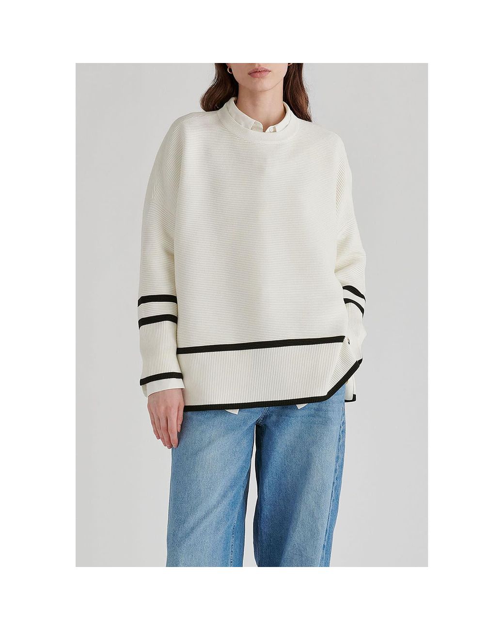 Paisie White Striped Details Ribbed Jumper With Side Buttons