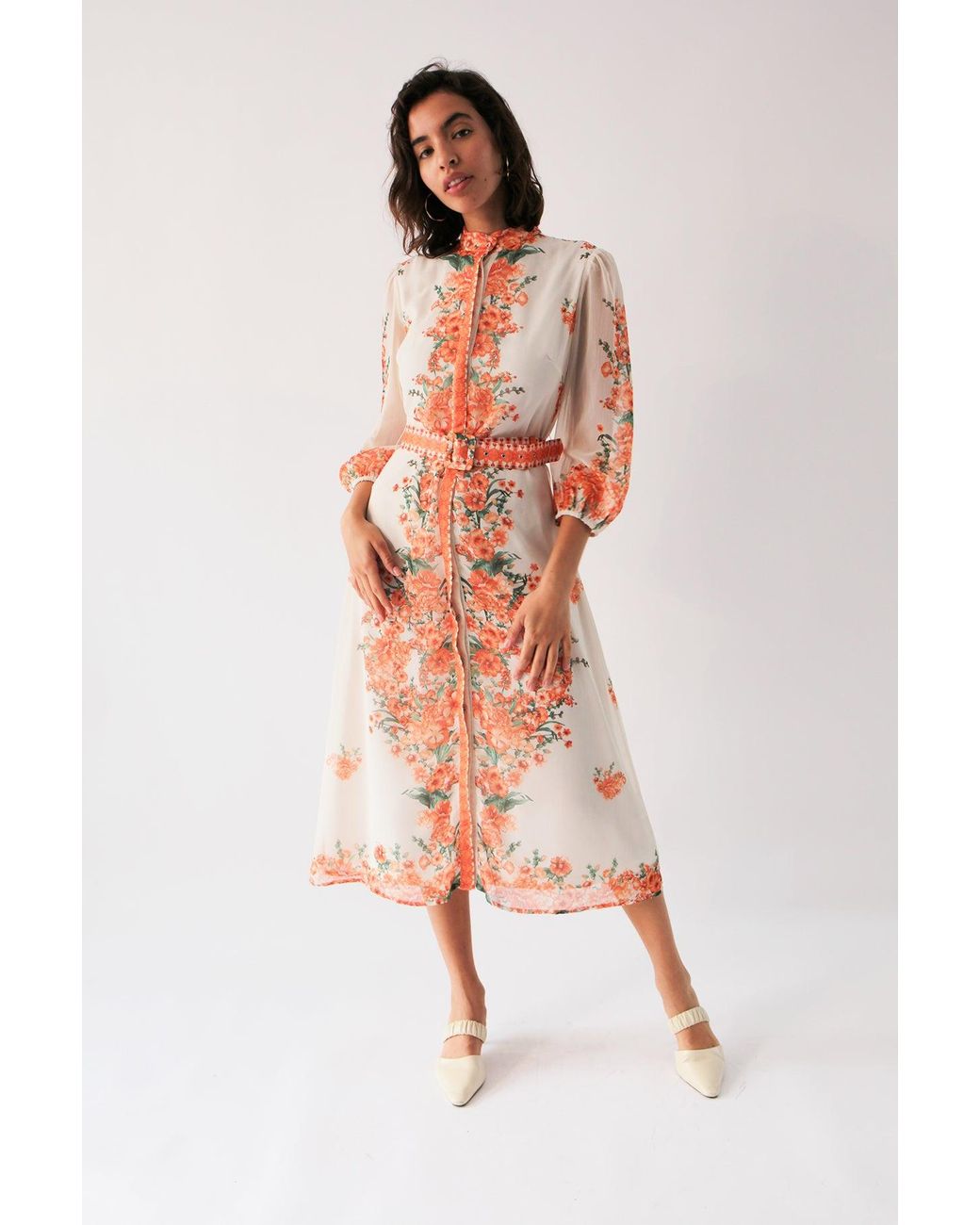 Raishma Pink Rose Floral 3/4 Length Sleeve Belted Midi Shirt Dress