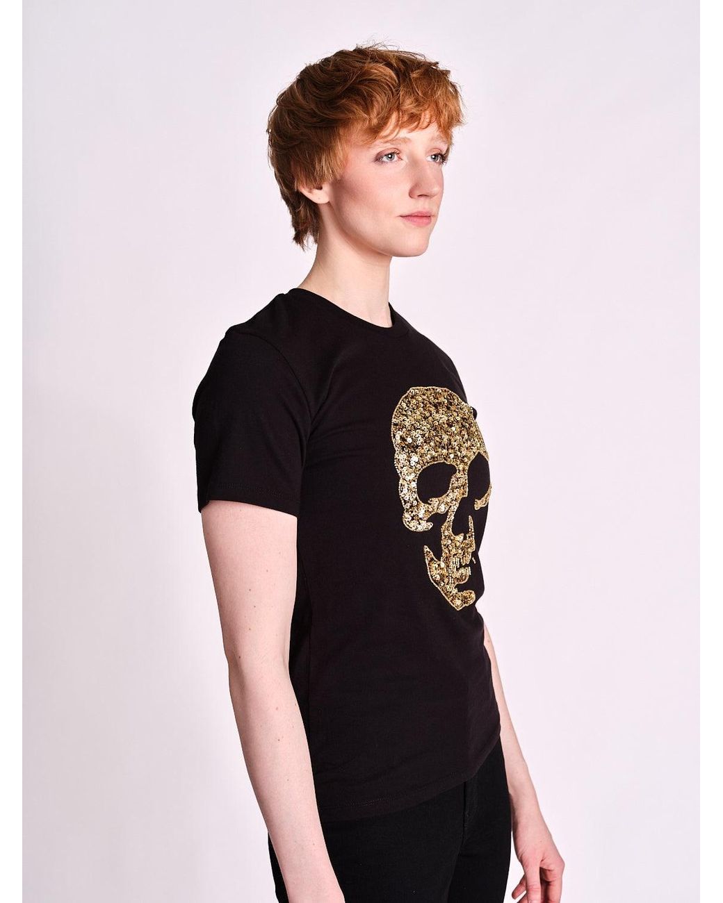 Any Old Iron Black Golden Shadow Skull Beaded T-Shirt