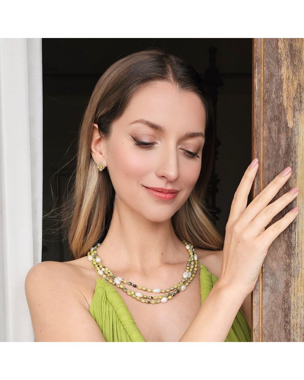 Farra Green Minimalist Flower Shaped Prehnite Stud Earrings