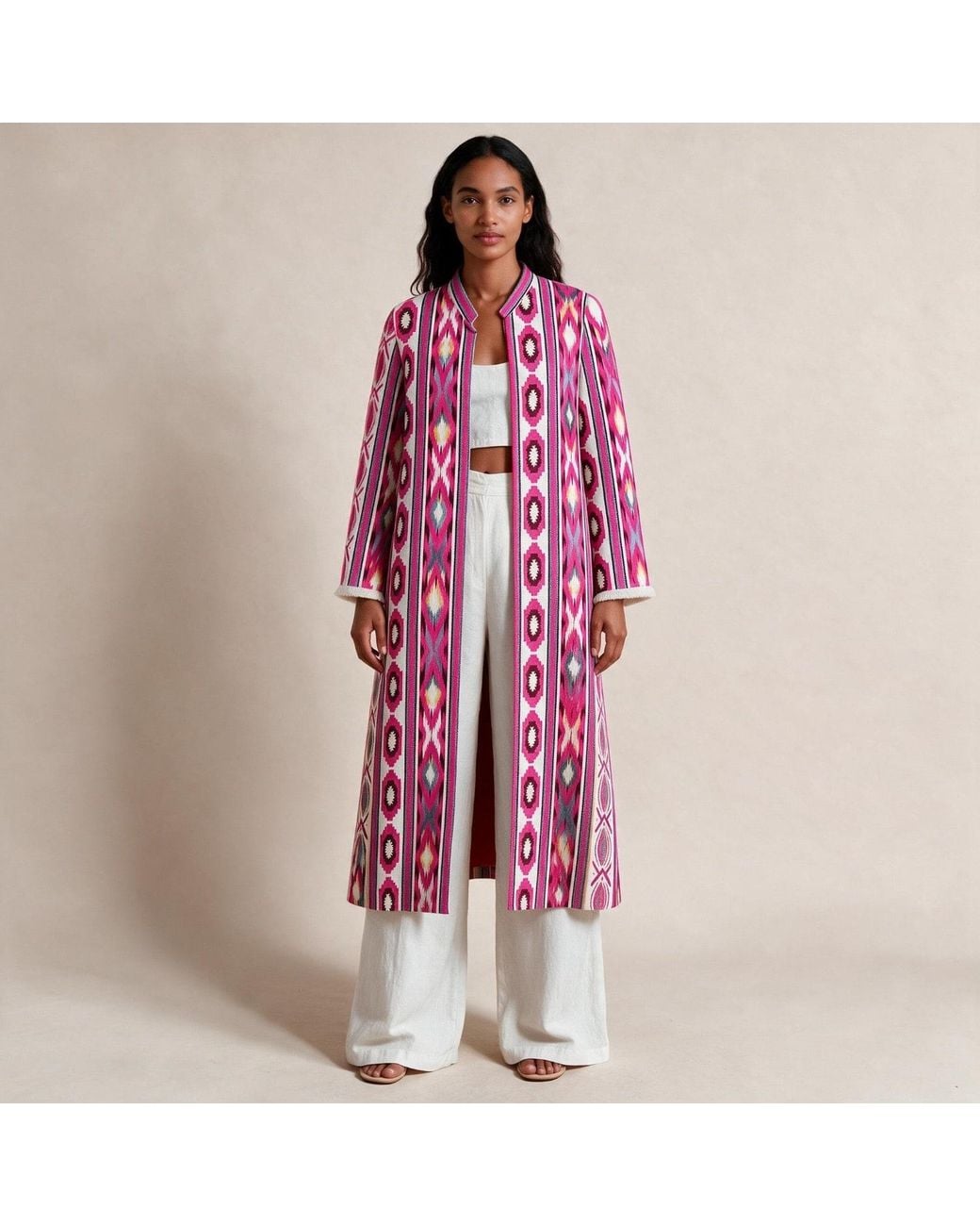 Kipépéo Pink Sorayya Jajim Fringe-Cuff Long Coat