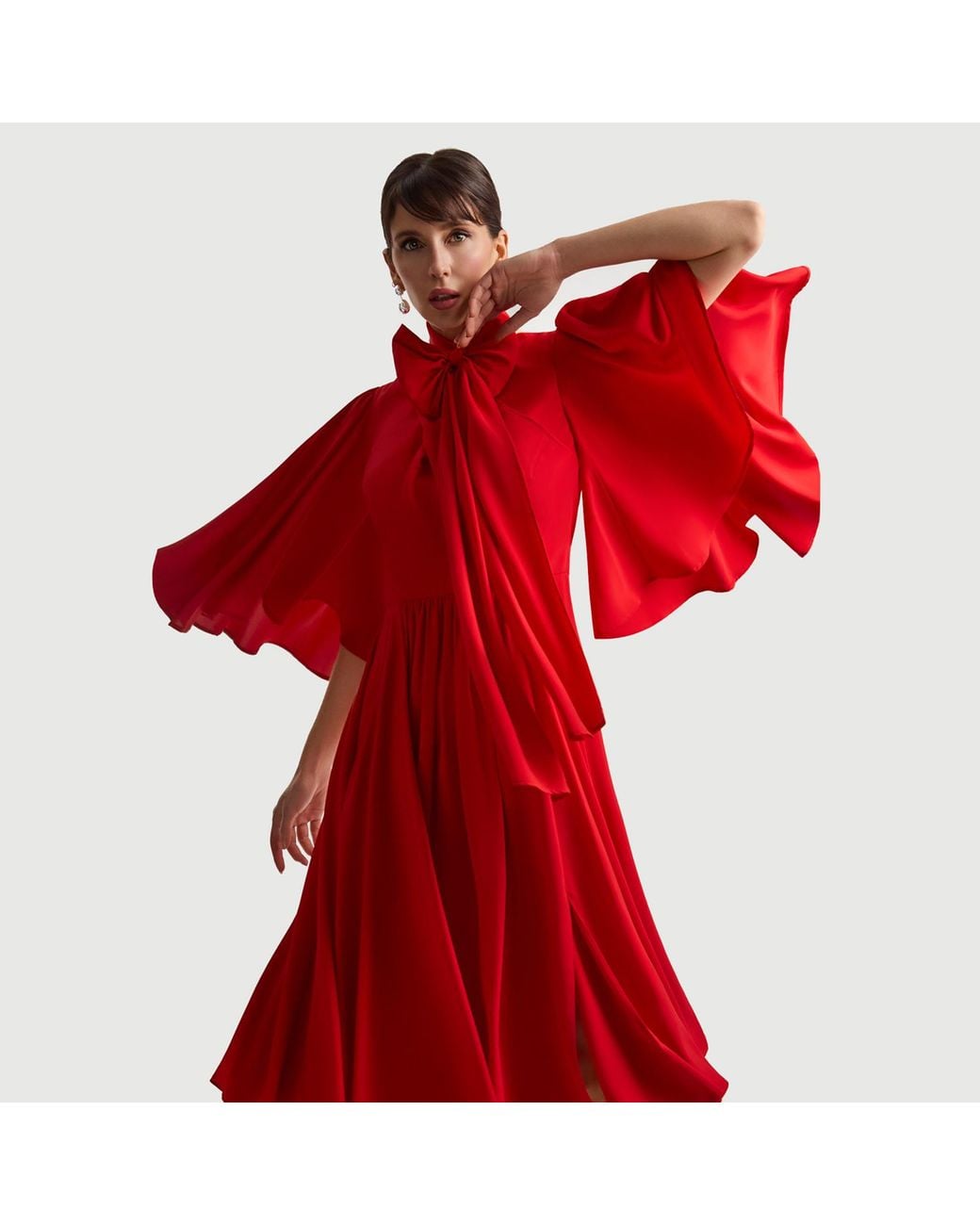Femponiq Red Bow Tie Neck Pleated Midi Dress