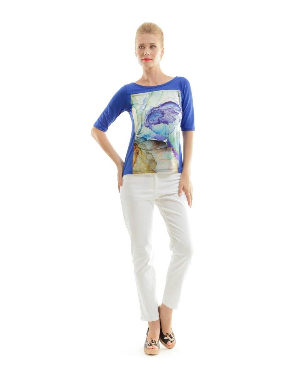 Conquista Blue Royal Jersey Top With Abstract Floral Print
