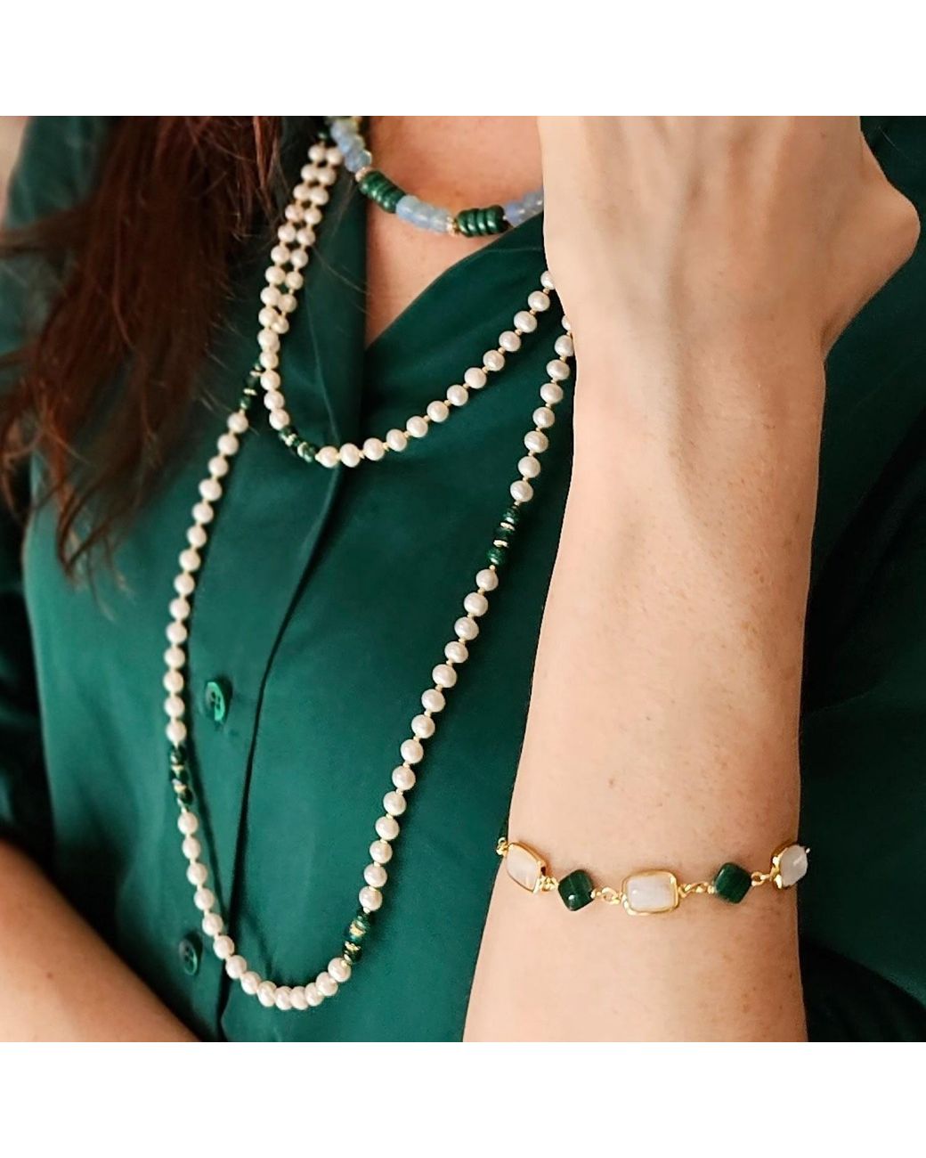 Farra White Malachite With Freshwater Pearls Versatile Long Necklace