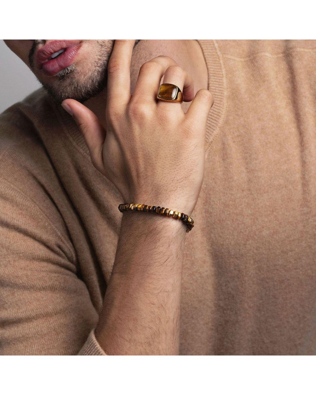 Nialaya Metallic Hexagon Beaded Bracelet With Tiger Eye And for men