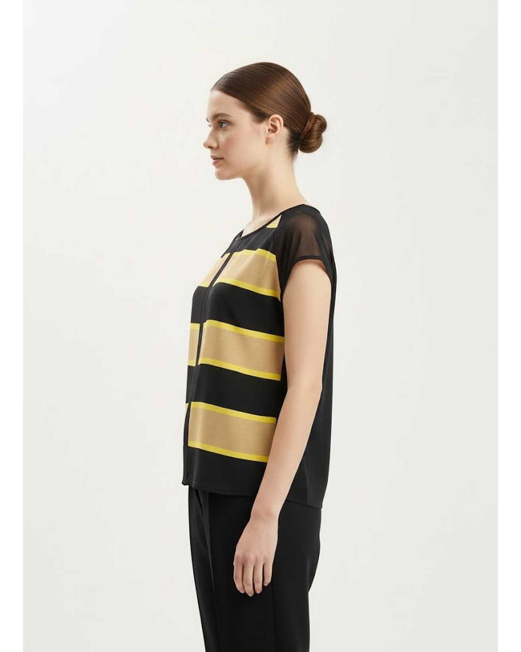 Conquista Black Sheer Stripe Contrast Top
