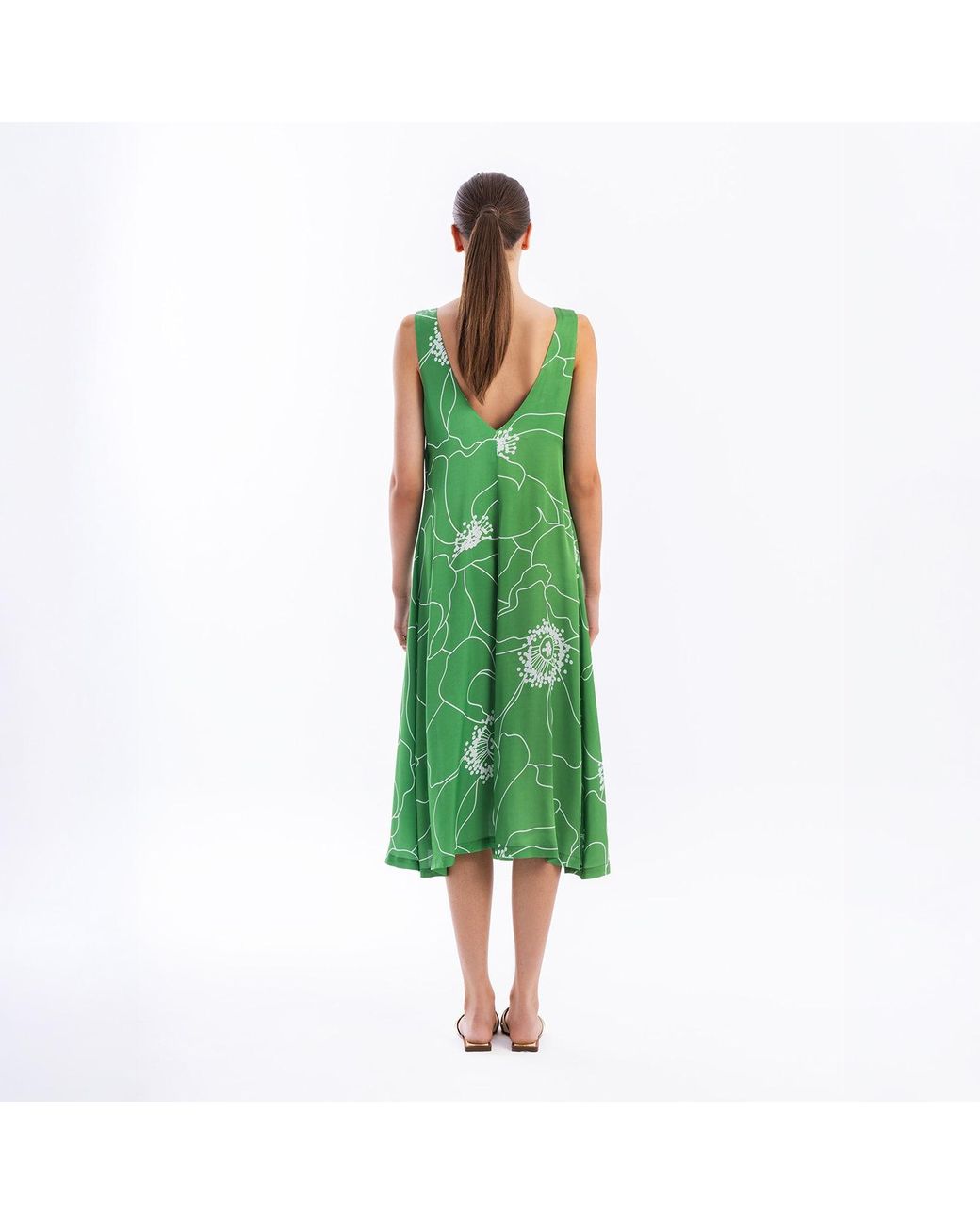 Haris Cotton Green Satin Sleeveless Dress With Deep Back Peonies
