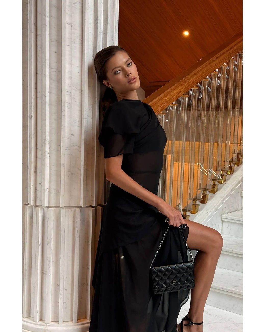 POST MERIDIEM Black Chiffon Asymmetrical Midi Dress