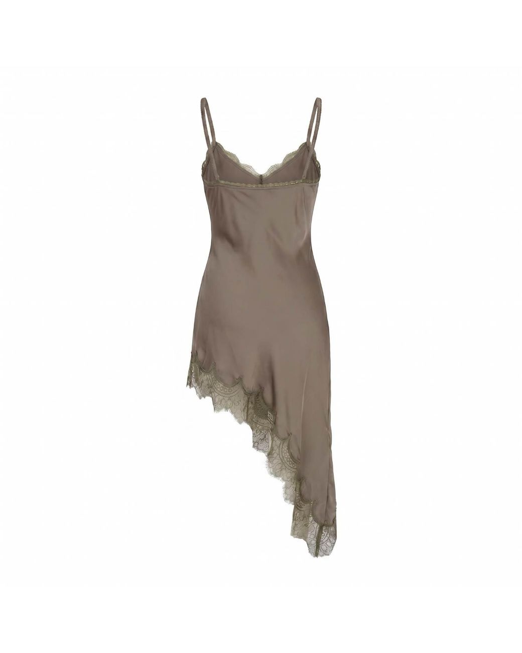 Modenaire Brown Asymmetric Satin Slip Dress With Lace Trim And Fluid Draping