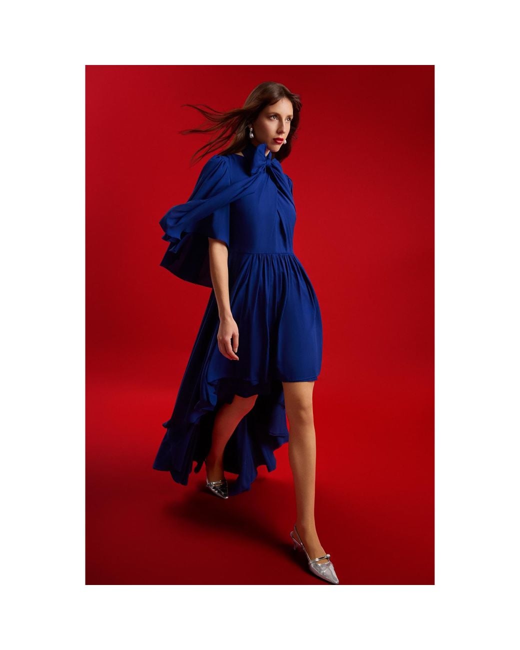 Femponiq Blue 'Bow Tie Neck Cape Sleeve Maxi Dress
