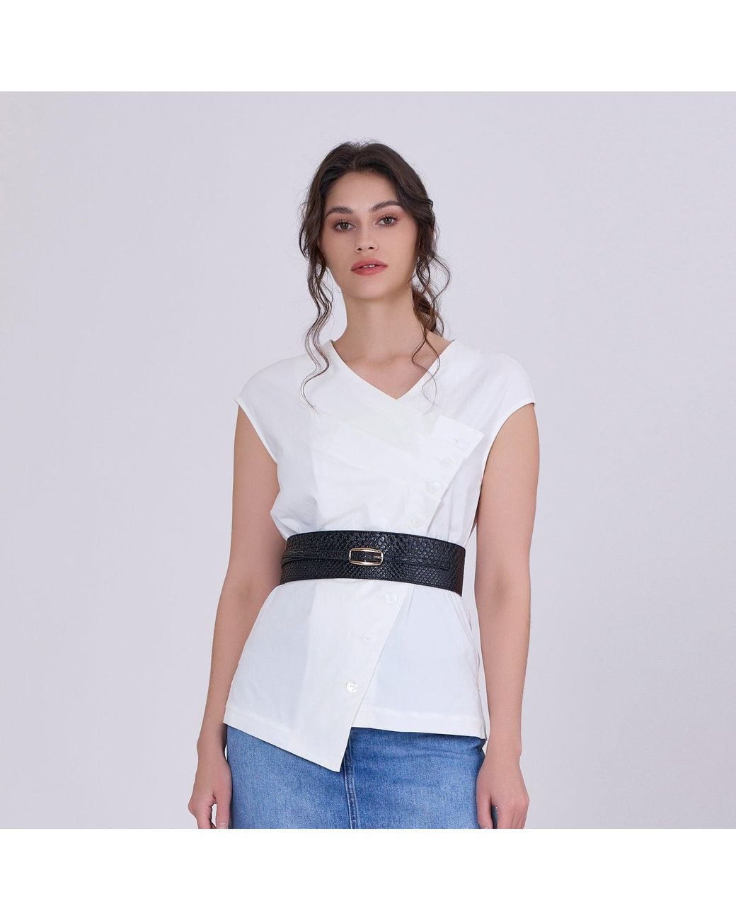 Smart and Joy White Double Breasted Pleated Asymmetric Top
