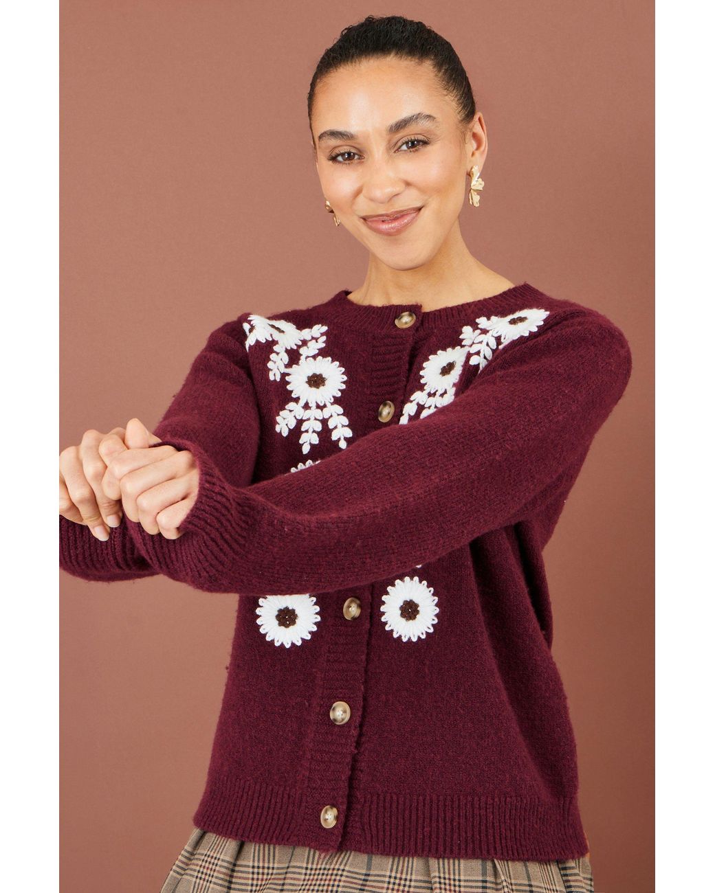 Yumi' Purple Burgundy Floral Embroidered Cardigan
