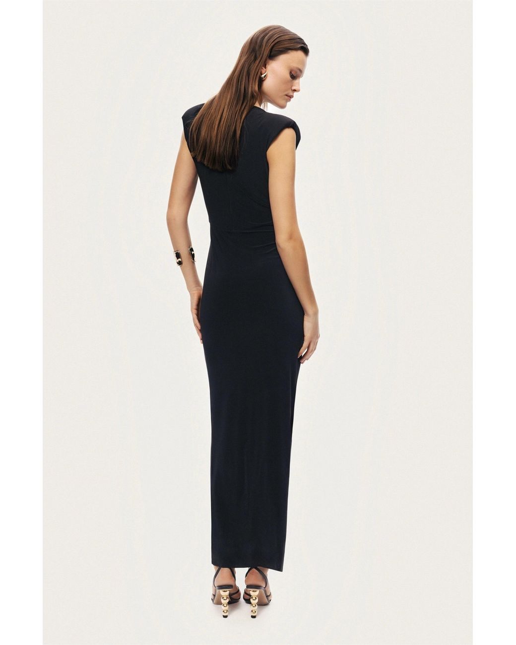 Nocturne Black Ruched Side-Slit Maxi Dress