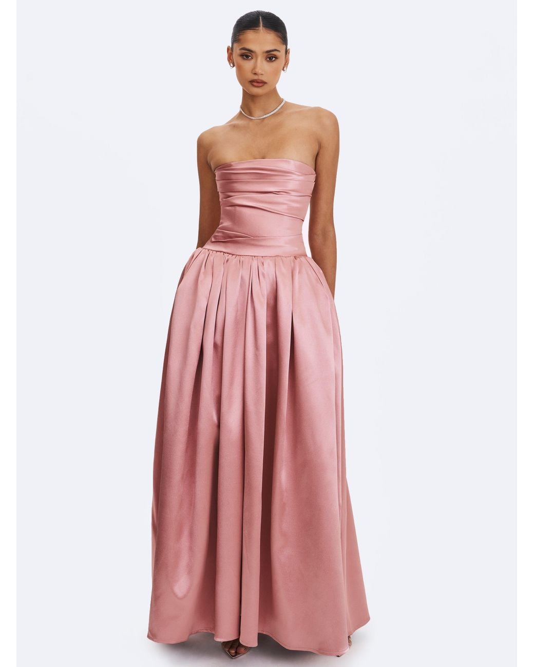 Miss Circle New York Pink Willette Deep Rose Satin Strapless Gathered Maxi Dress