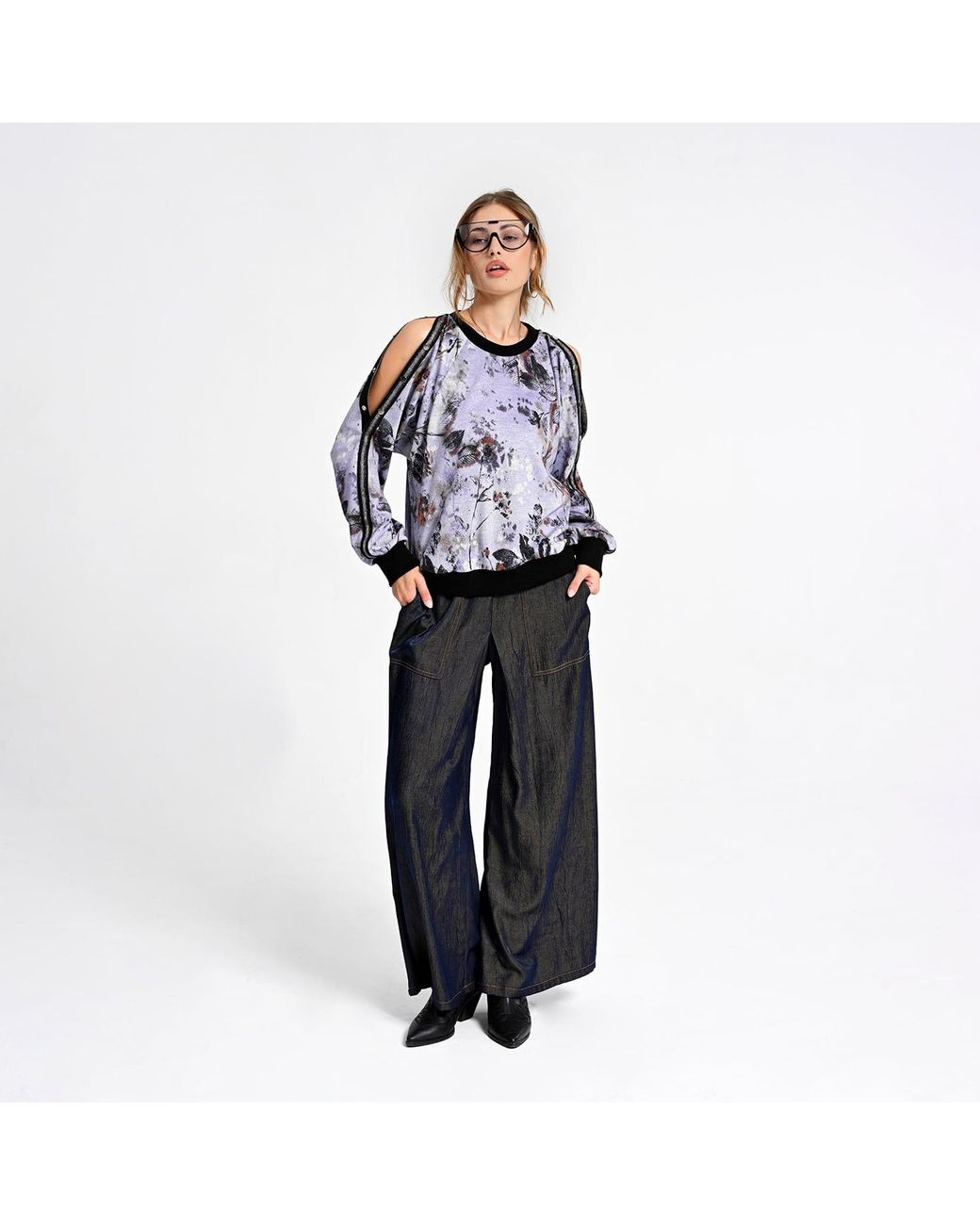 Lalipop Design Blue Floral Print Sweatshirt With Snap-Button Shoulder Detail