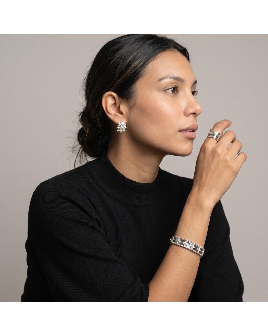 Uchi and Soto White Kinmokusei Floral & Stone Hoop Earrings