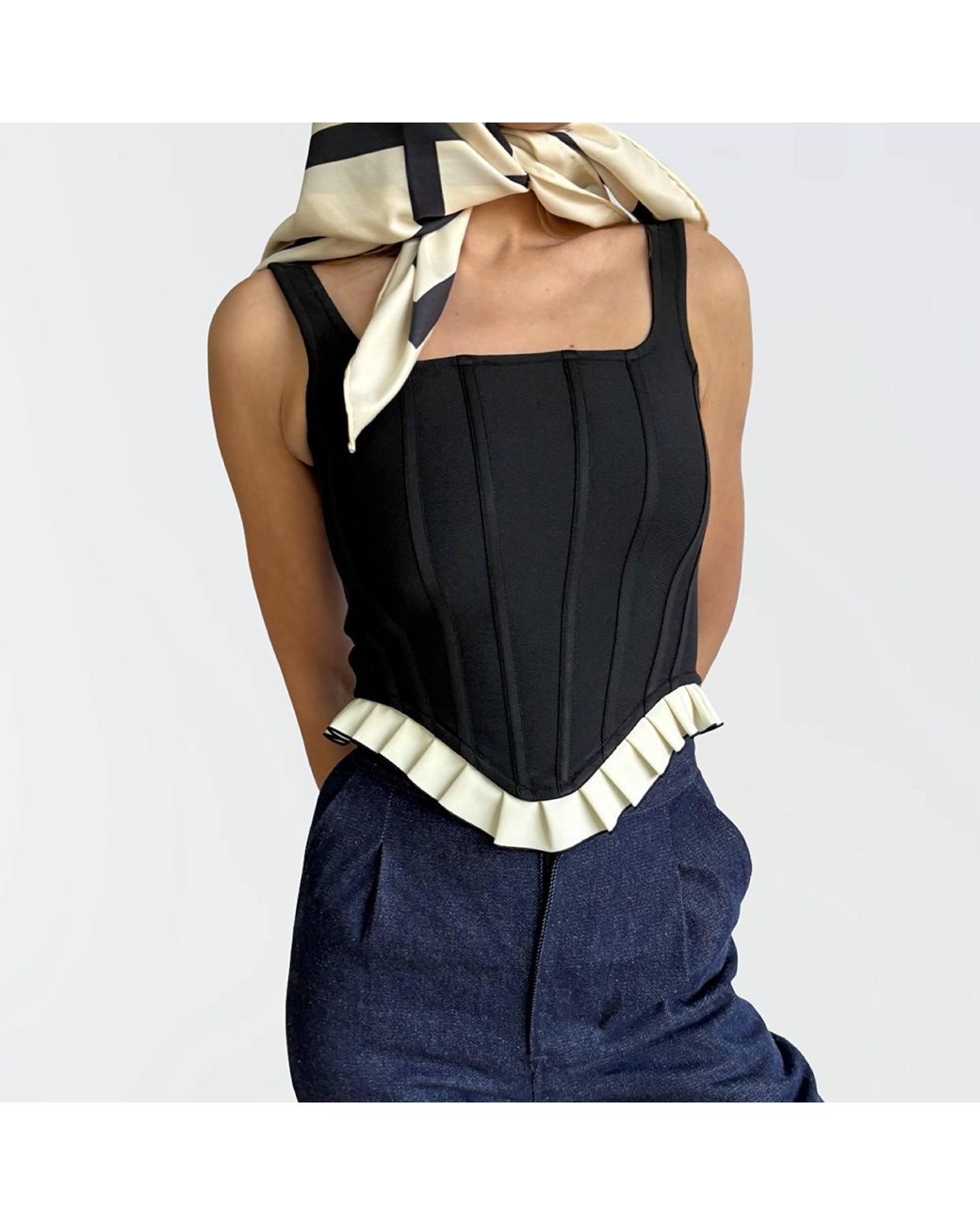 London Atelier Byproduct Black Rib Knit Corset Top With Ruffle