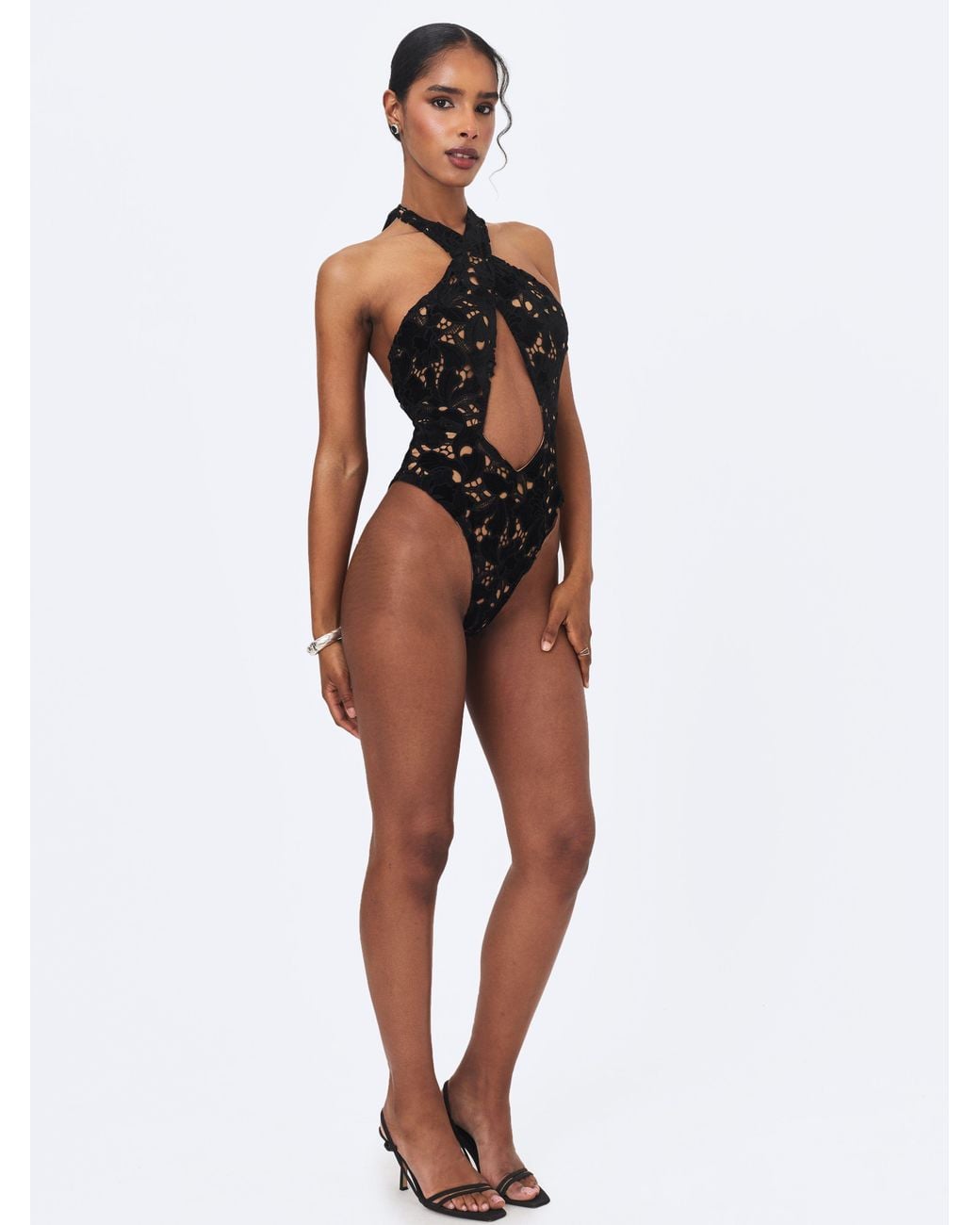 Miss Circle New York Black Breanna Velvet Lace Crossover Halter Swimsuit