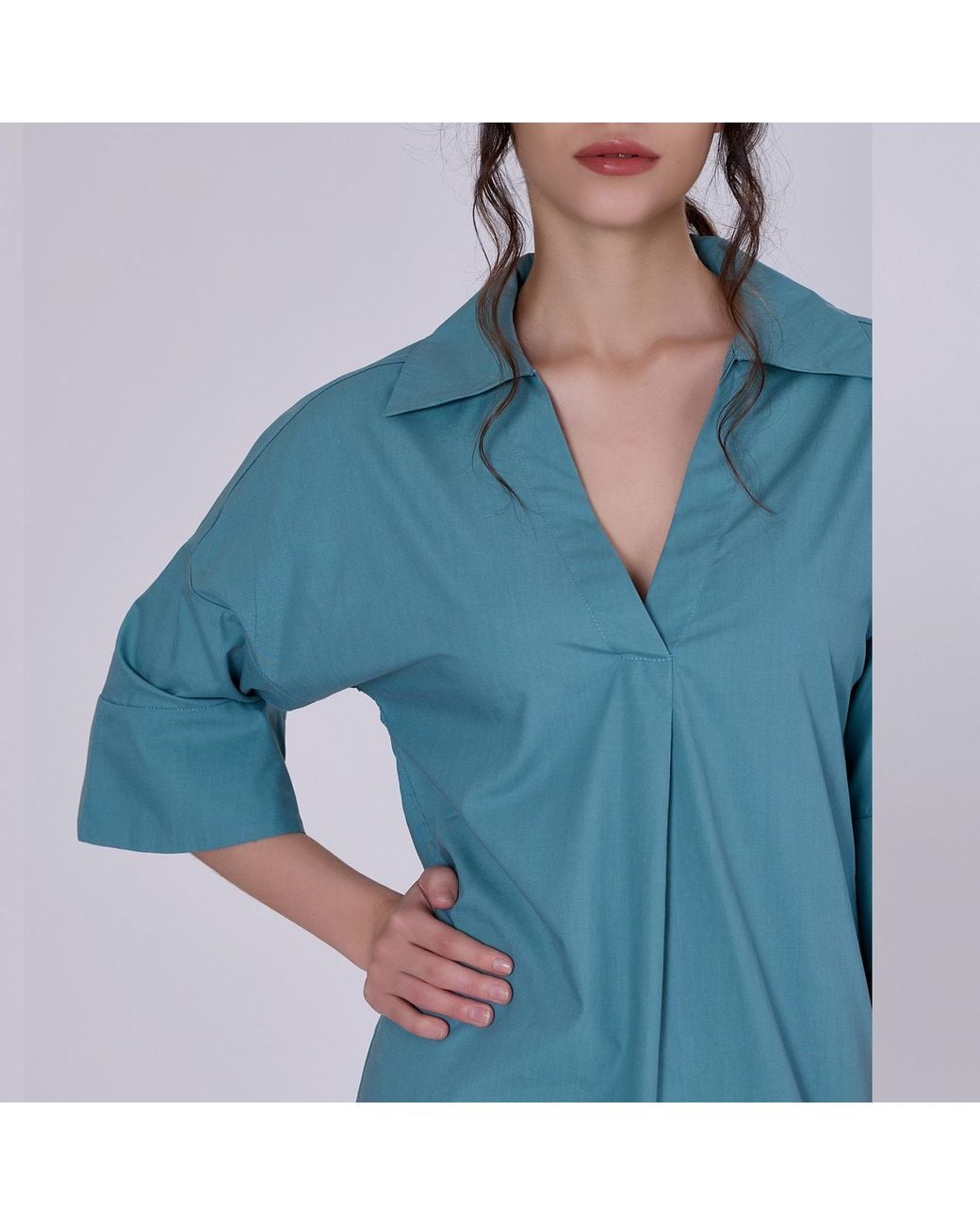 Smart and Joy Blue Cotton Minimalist Shirt Dress