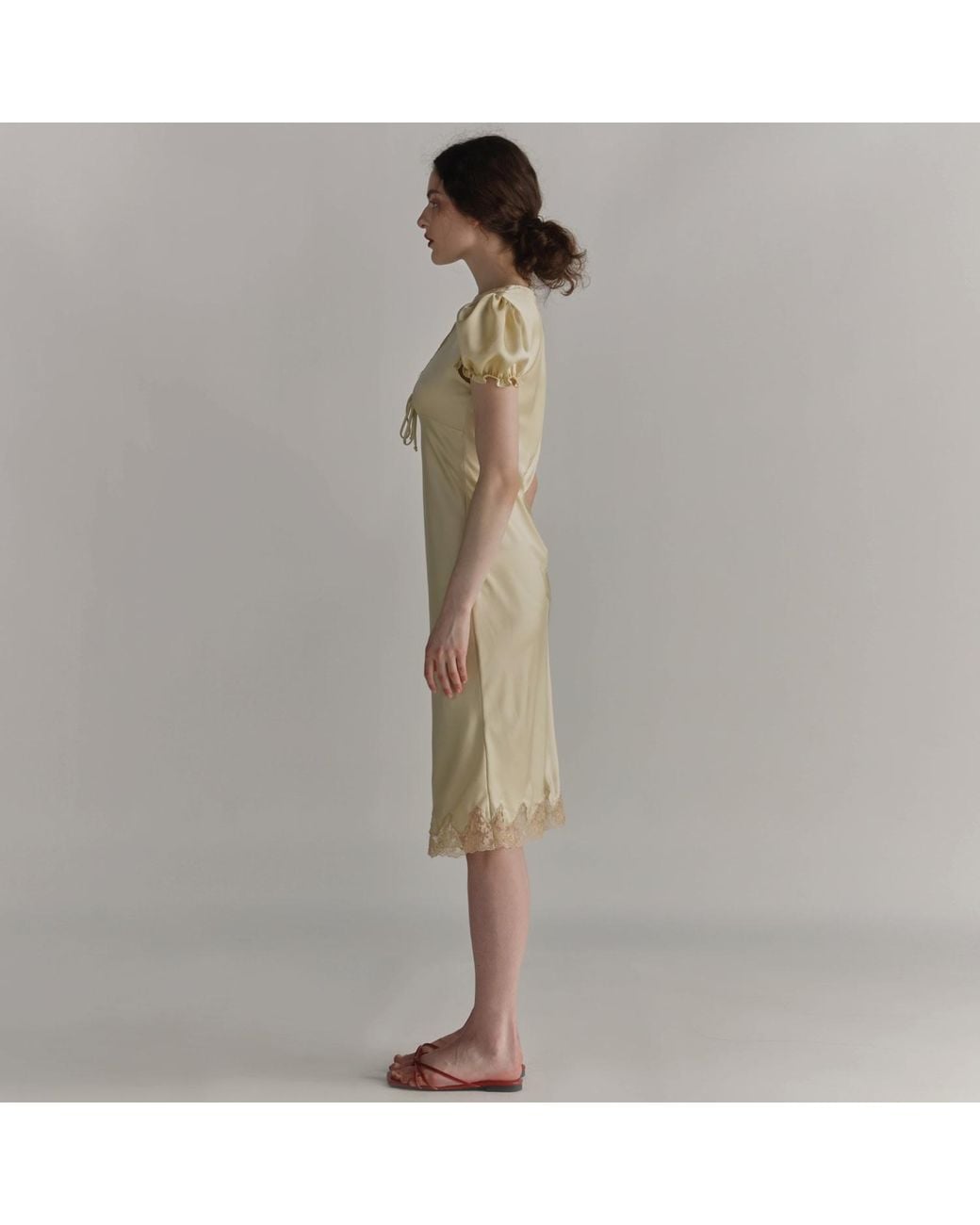 Belsize25 Metallic Lemon Tart Dress – Lace-Trim Bias-Cut Satin Dress