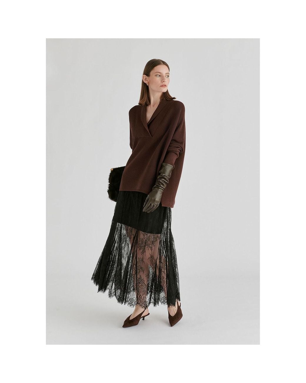 Paisie Brown Shawl Collar Ribbed Jumper