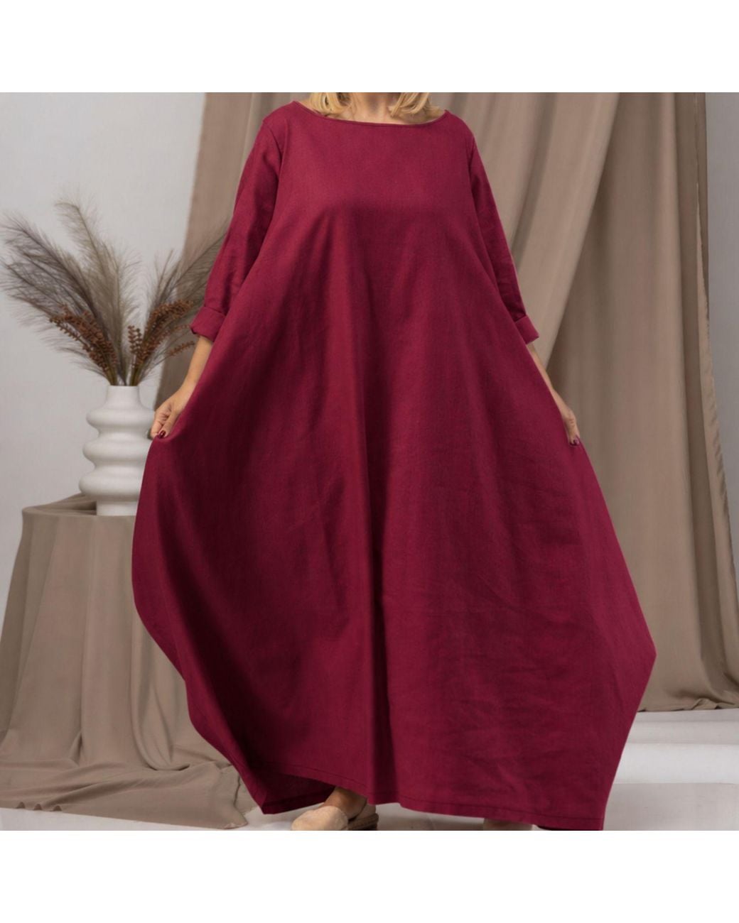 Nikka Place Red Oversized Maxi Linen Dress With Belt