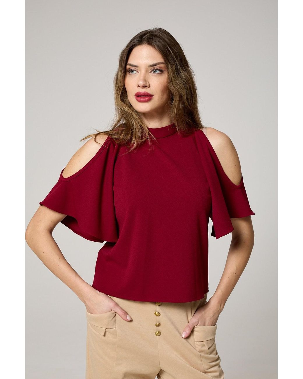 K-Win London Red Elegant Butterfly Sleeve Cold-Shoulder Top