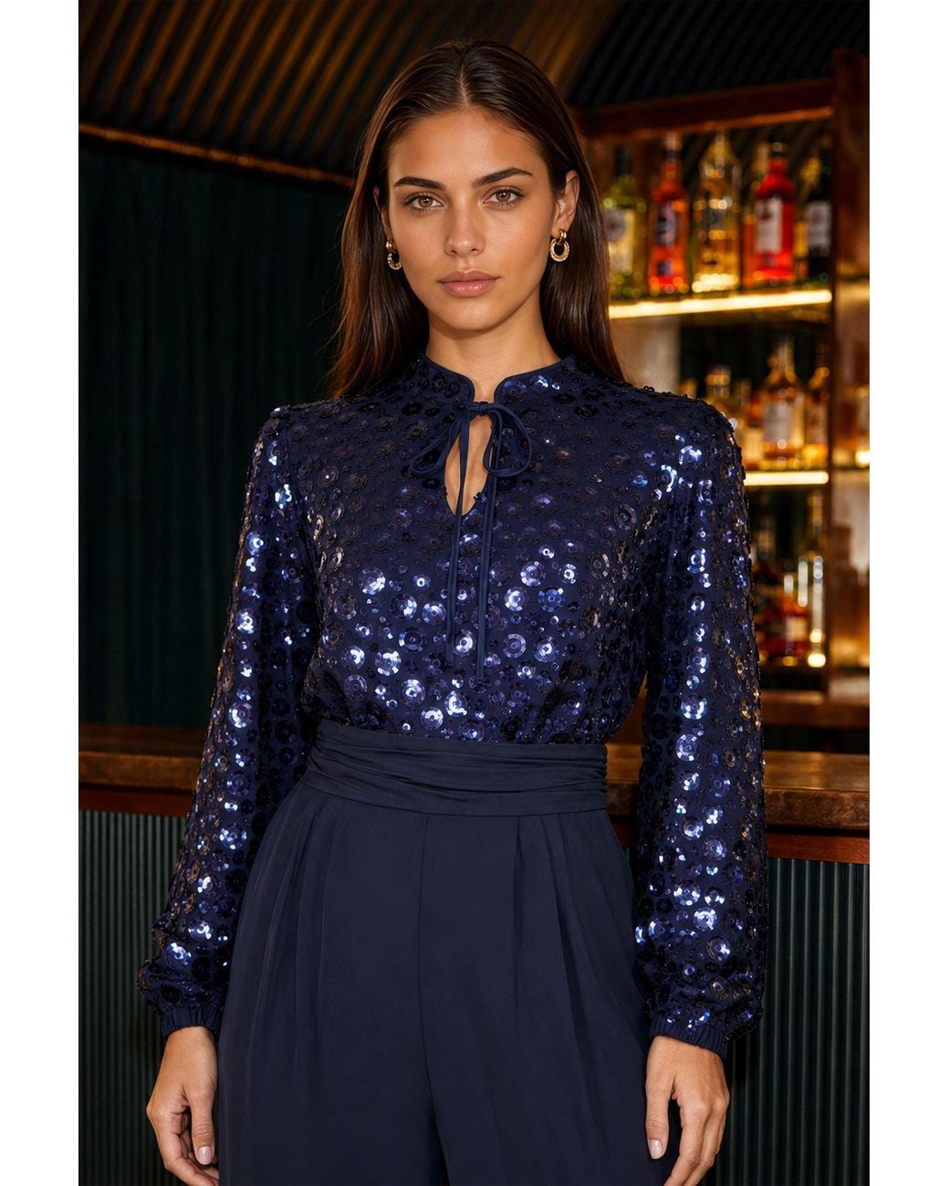 Yumi' Blue Long Sleeve Sequin Jumpsuit