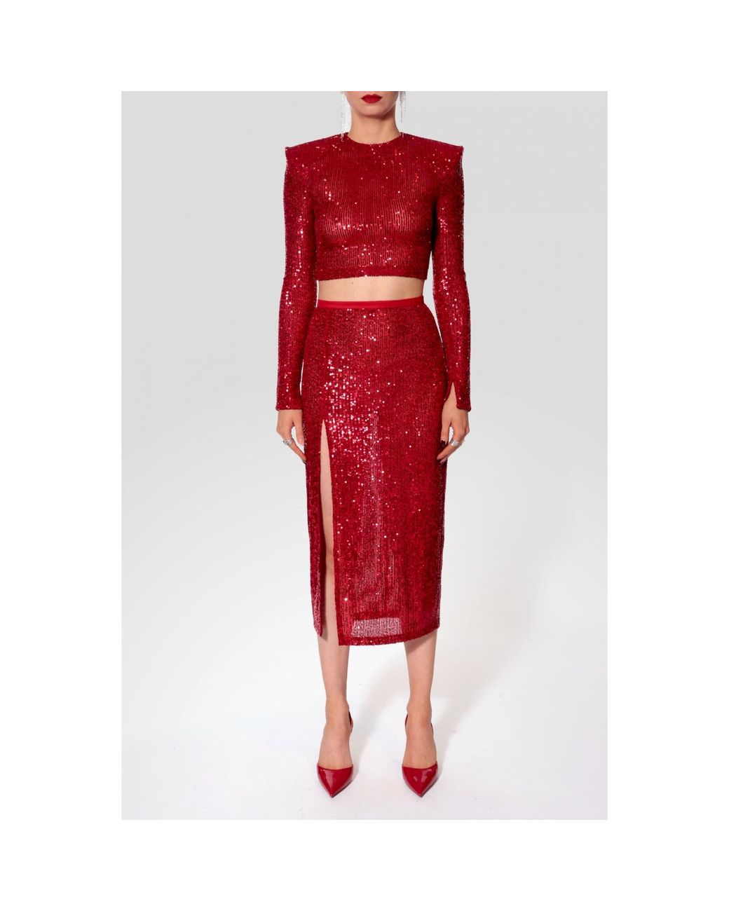 AGGI by HALEWSKI Red Zuza Sparcle Sequin Midi Skirt