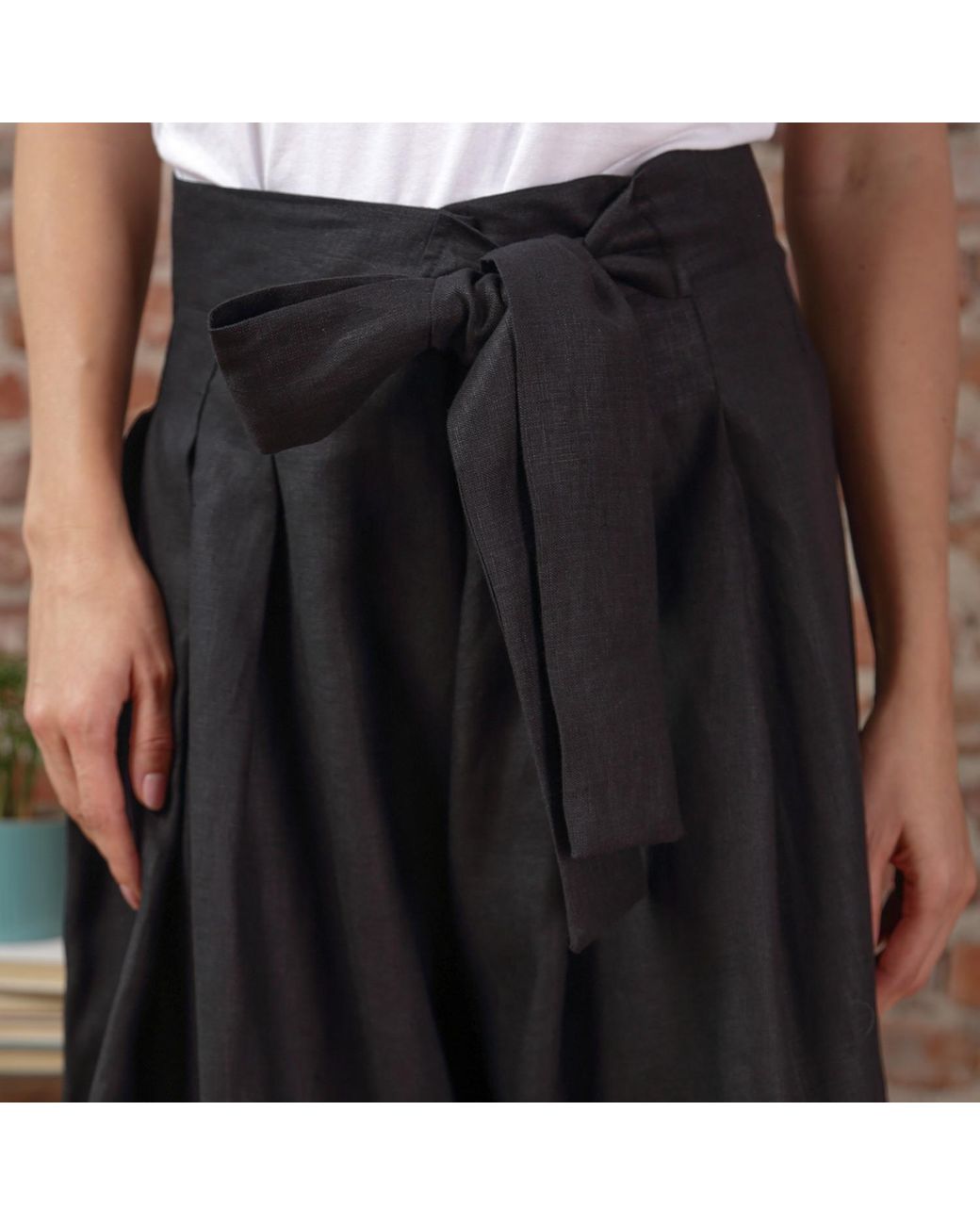 Nikka Place Black Wrap Around Wide Leg Linen Pants With Front Tie