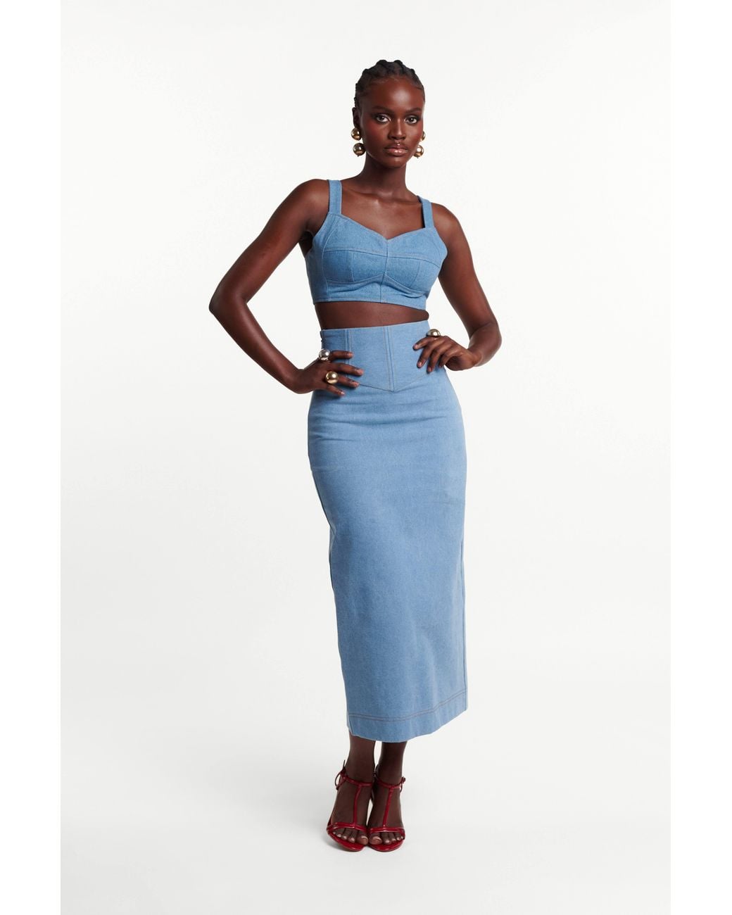 Ofuure Blue Light Denim Ona Midi Skirt