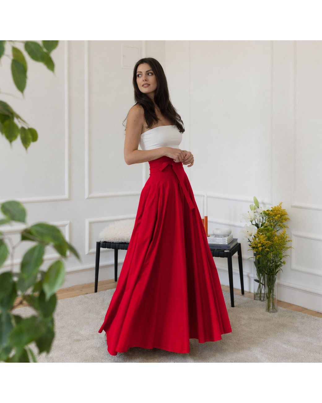 Nikka Place Red Long Cotton High Waist Skirt